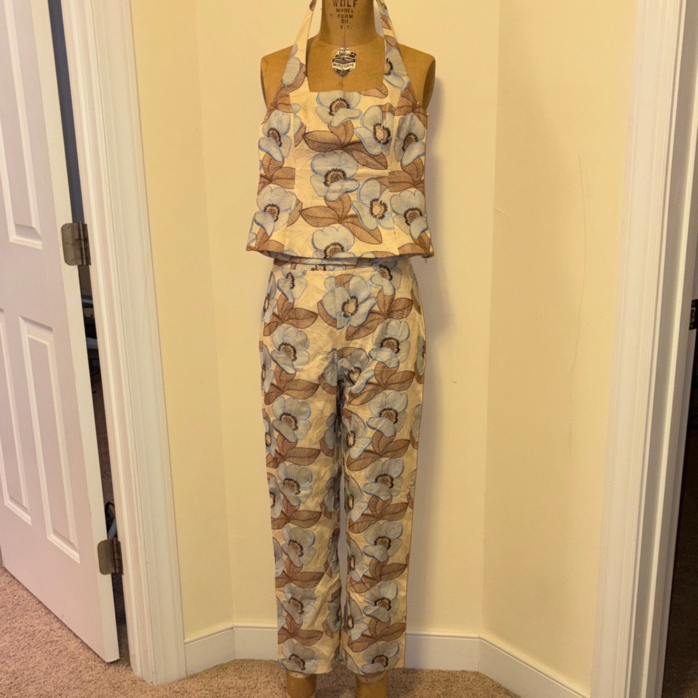 Etcetera Floral Halter Crop Top & High-Waist Pants Set in Cream, Brown, Blue